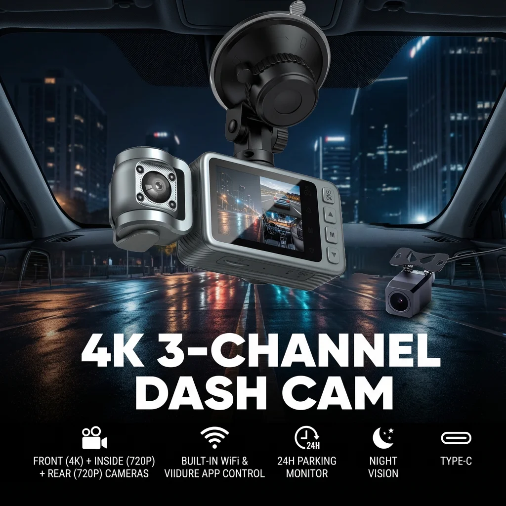 

4K 3 Channel Dash Cam WiFi Car DVR Recorder 3 Lens Front Inside Rear Camera 24H Parking Monitor Night Vision Type-C Dashcam