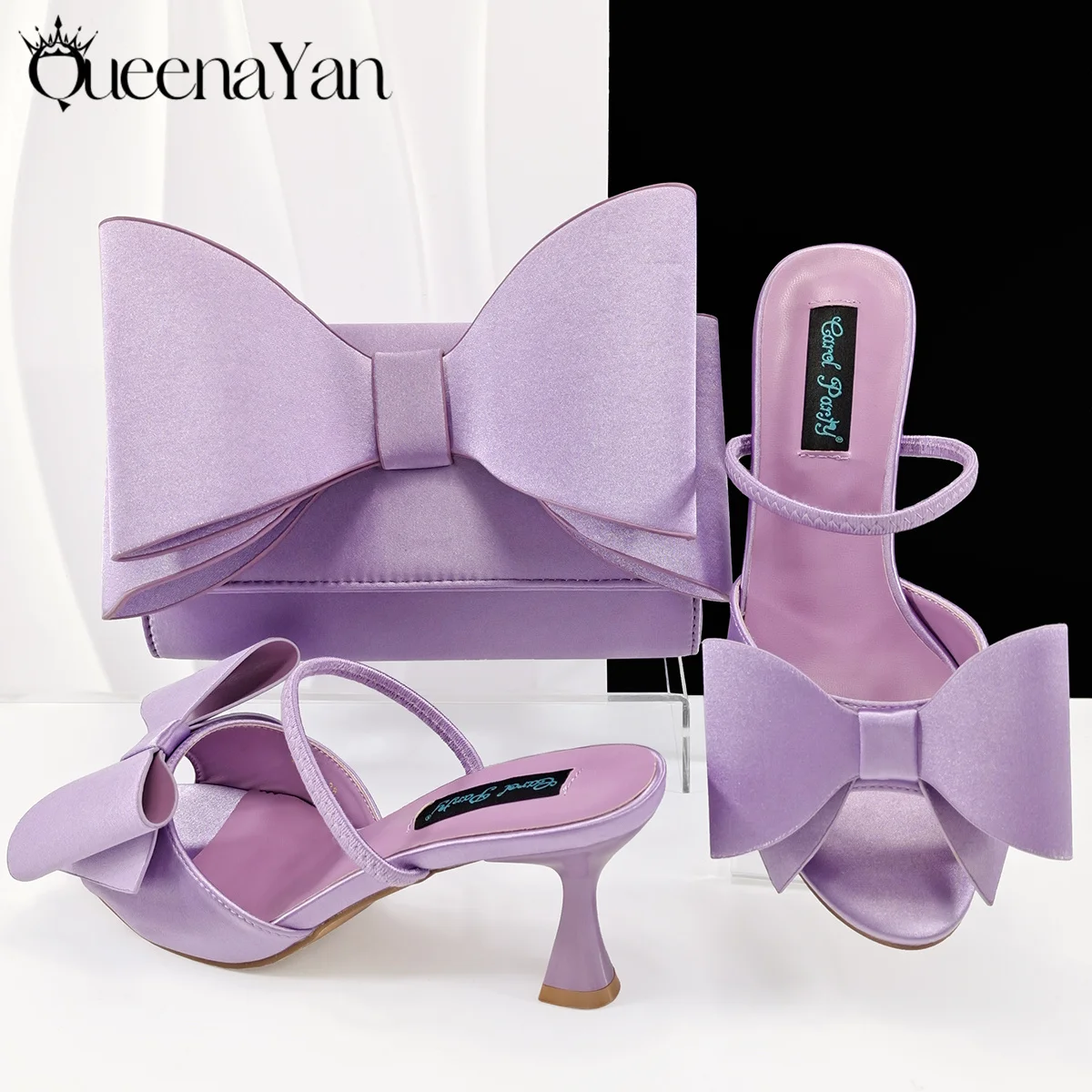 Queena Yan-zapatos de tacón con punta estrecha para mujer, conjunto de bolso a juego, color lila, para fiesta de boda, novedad de 2025