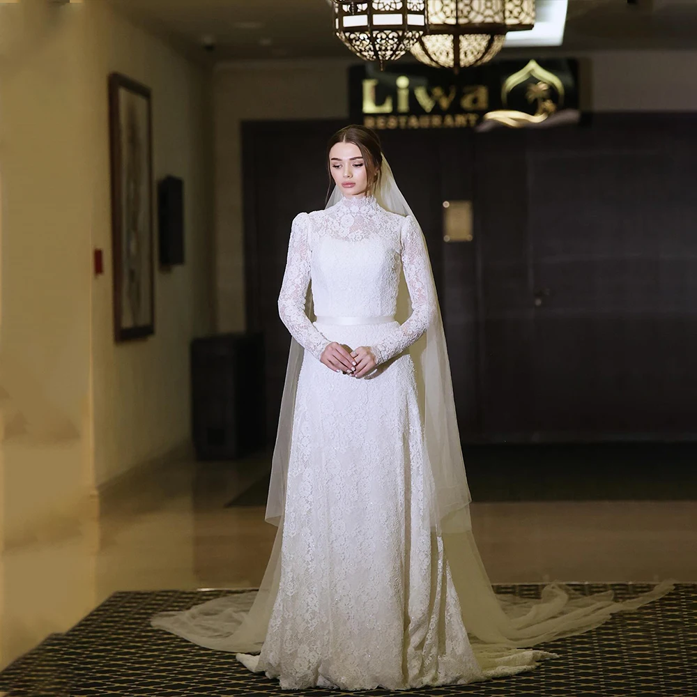 

Elegant Wedding Dresses High Neck Long Sleeves Lace Bridal Dress Boho Beach Wedding Prom Ball Gowns Customized vestidos de novia