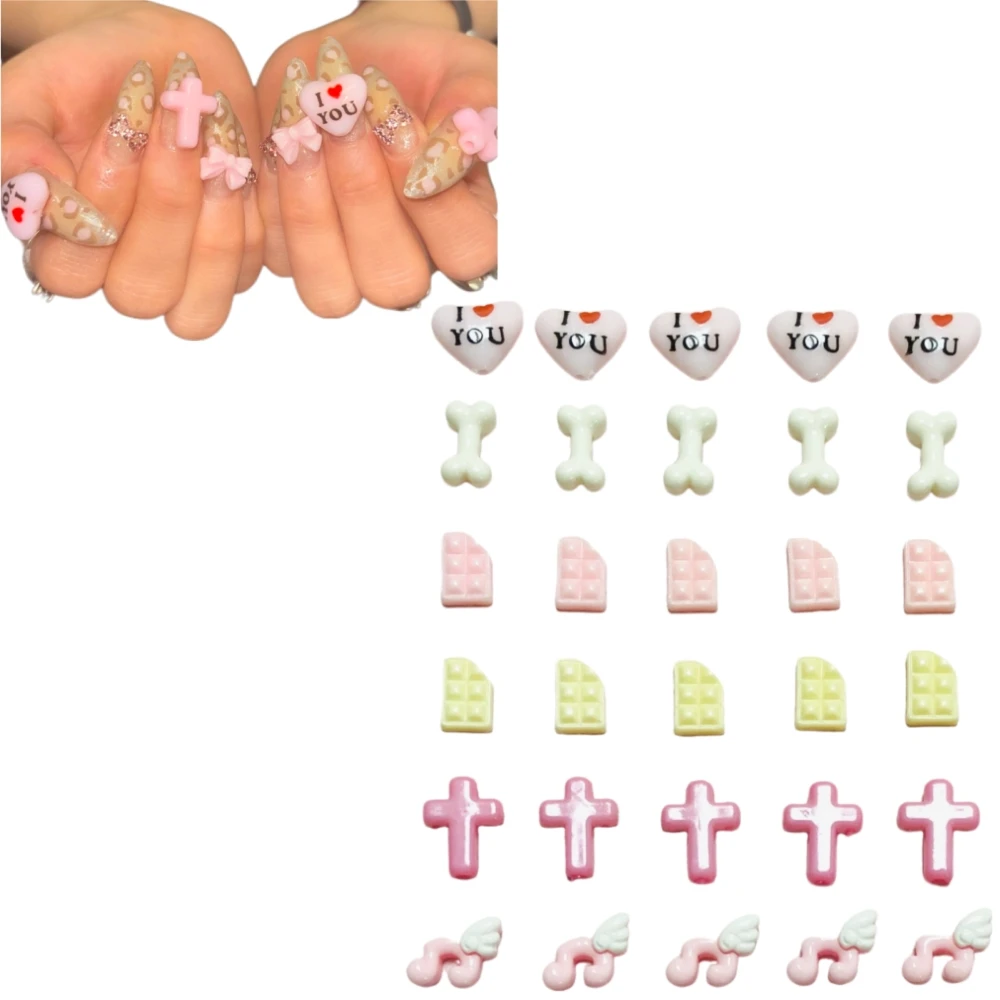 귀엽고 달콤한 로즈 레드 "사랑해" 스톤 보우 해골 모양 음표 봉투 플랫 백 네일 아트 참 DIY 쓰레기 폰 케이스 장식