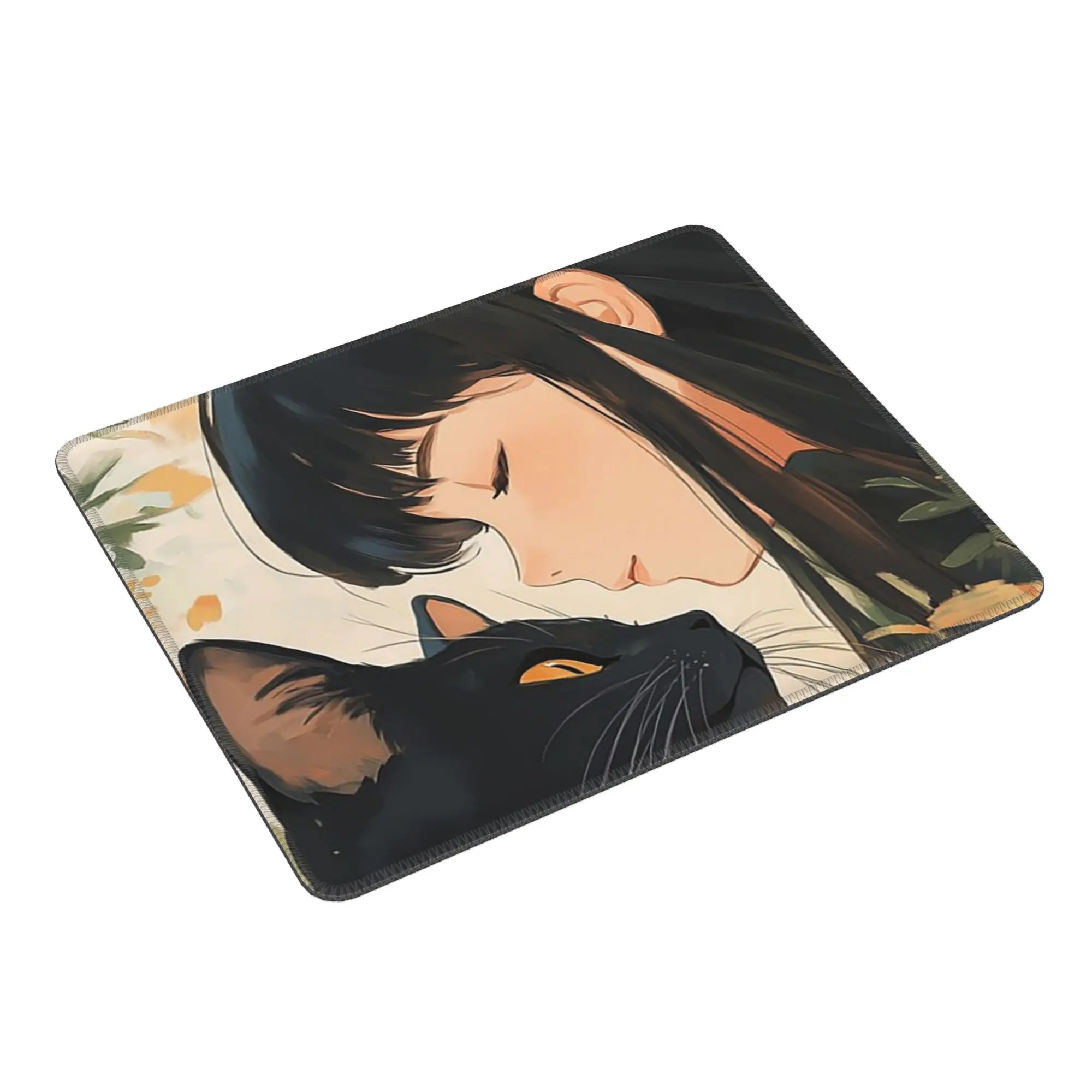 Anime Adorable Girl with Black Cat Mouse Pad Computer Keyboard Mouse Mat Gamer PC Laptop Desk Mat Office Accessories Table Mats