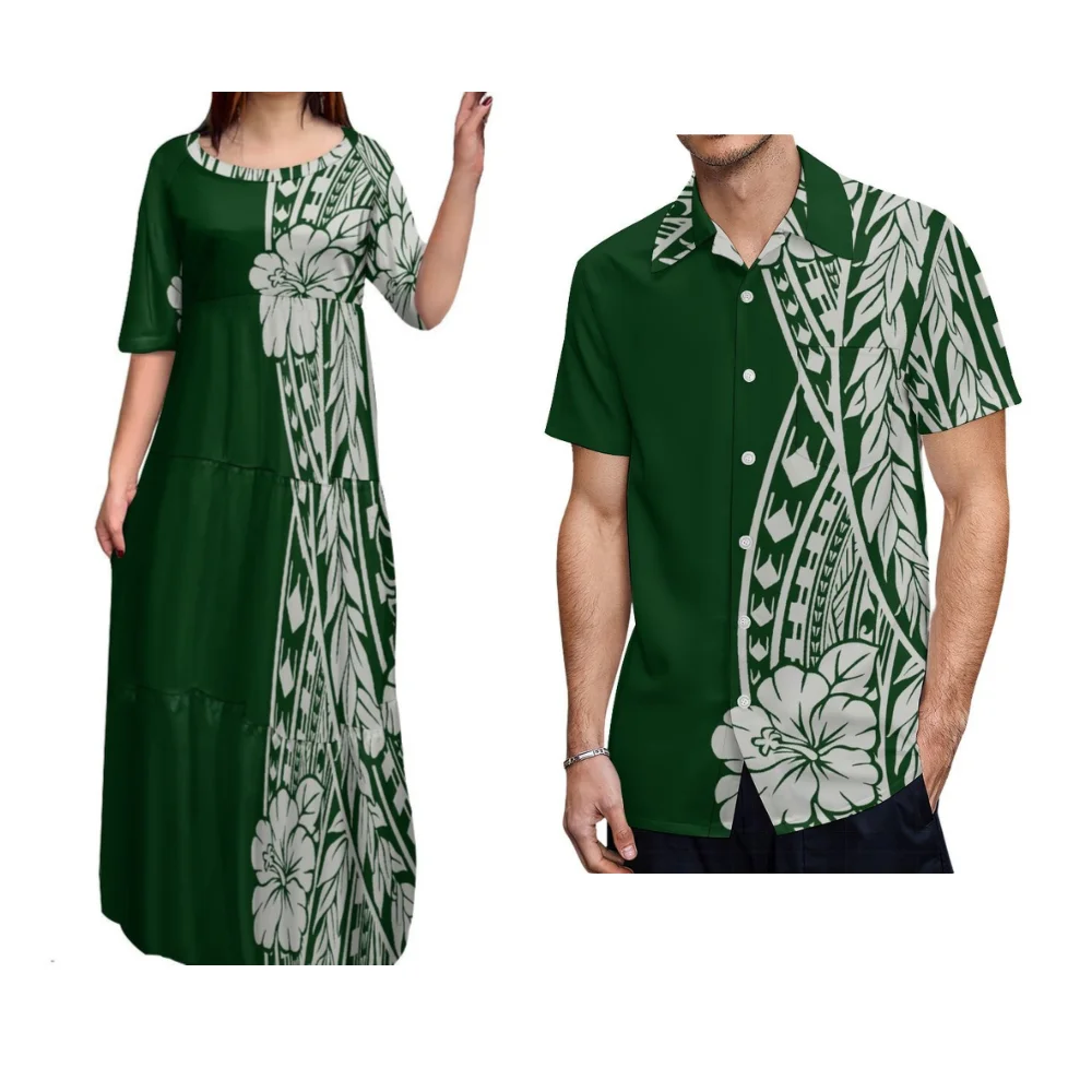 وشملت الضرائب ساموا القبلية الأزهار طباعة مخصص الرجعية الفن نمط فستان قميص البولينيزية زوجين الملابس تصميم جديد