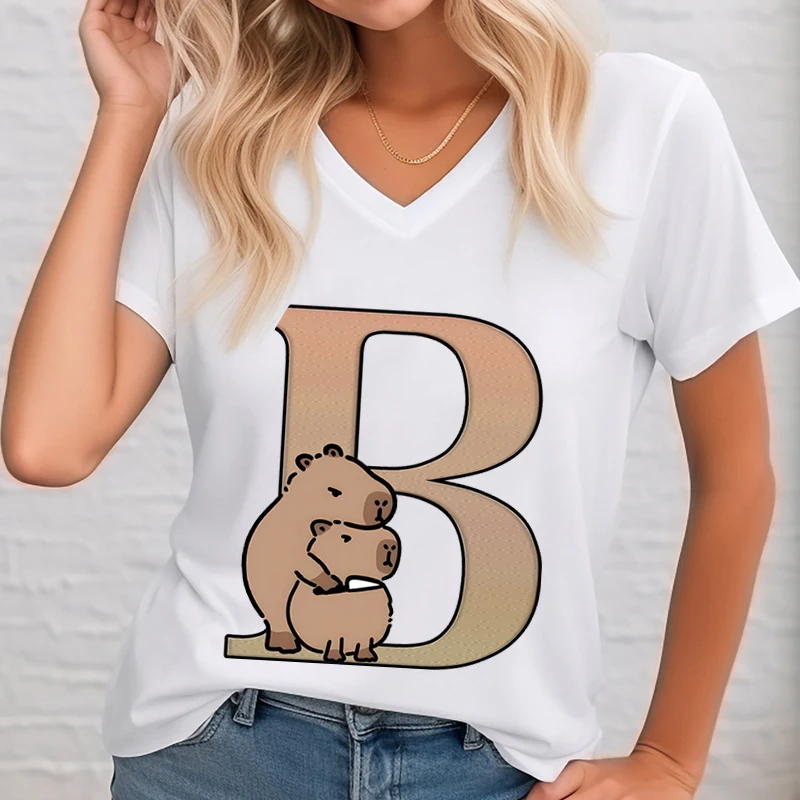Funny Cute Capybara 26 Alphabet Women T-shirts Cartoon Animal Surname First Letter A-Z Short Sleeve Tops V Neck Capybara Tshirt