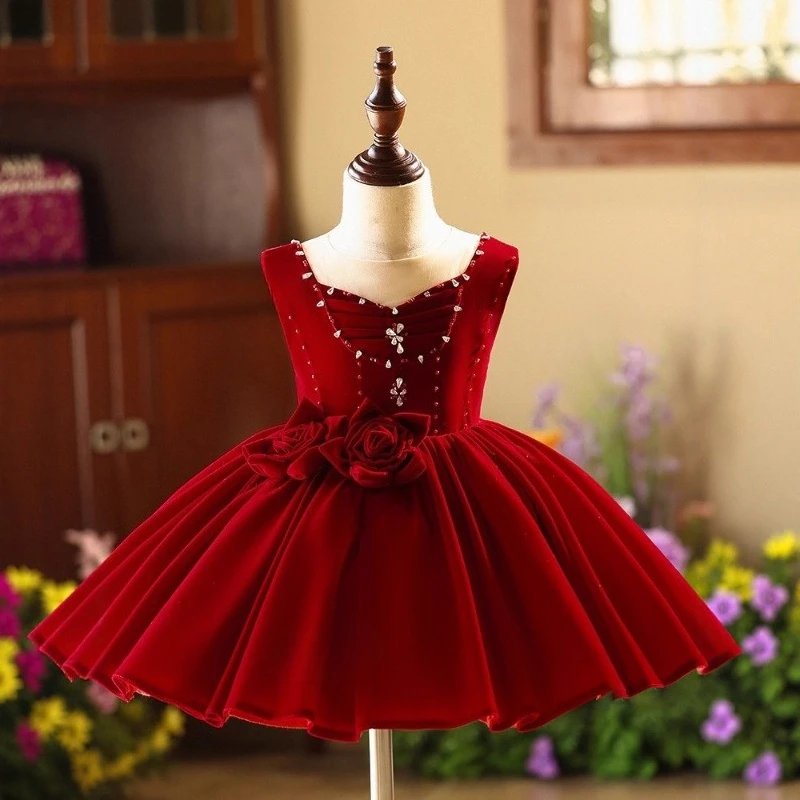 

Wine Red Girls Princess Party Dress Elegant Gown Children Birthday Stage Performance Host Pageant Formal Celebration Clothes