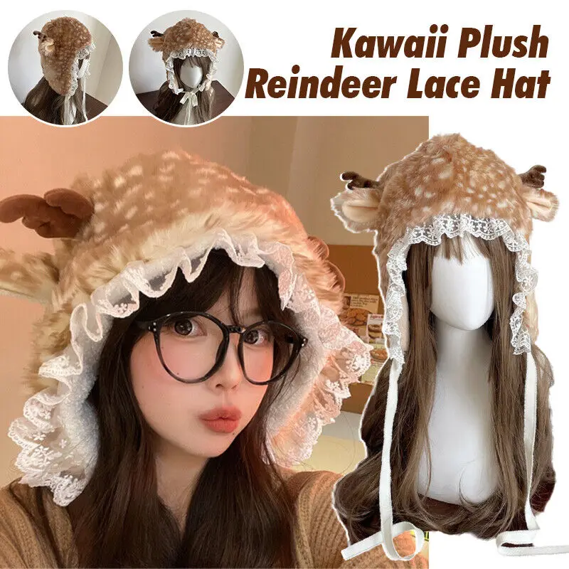 

Kawaii Lolita Reindeer Deer Faux Fur Plush Hat Furry Boots Sock Gothic Cap Leg Warmers Performance Costume Bomber Hats New