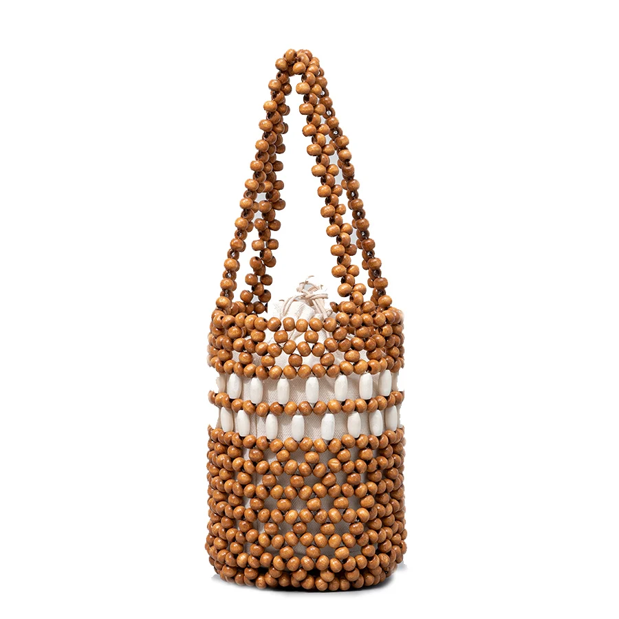 Casual Beach Color Beading Bucket Bags Summer Handmade Wooden Beads Handbags Hollow Out Tote Bags for Women Ladies Clutch Purses