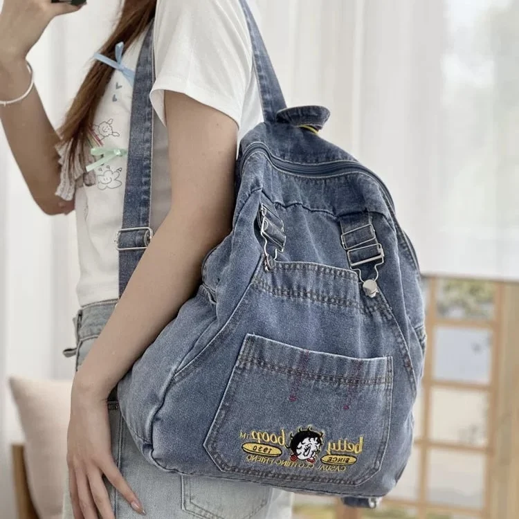 Fashion Harajuku Style Denim Clothing Cool Cartoon Cute Girl Large Schoolbag Capacity Backpack Student Back To School