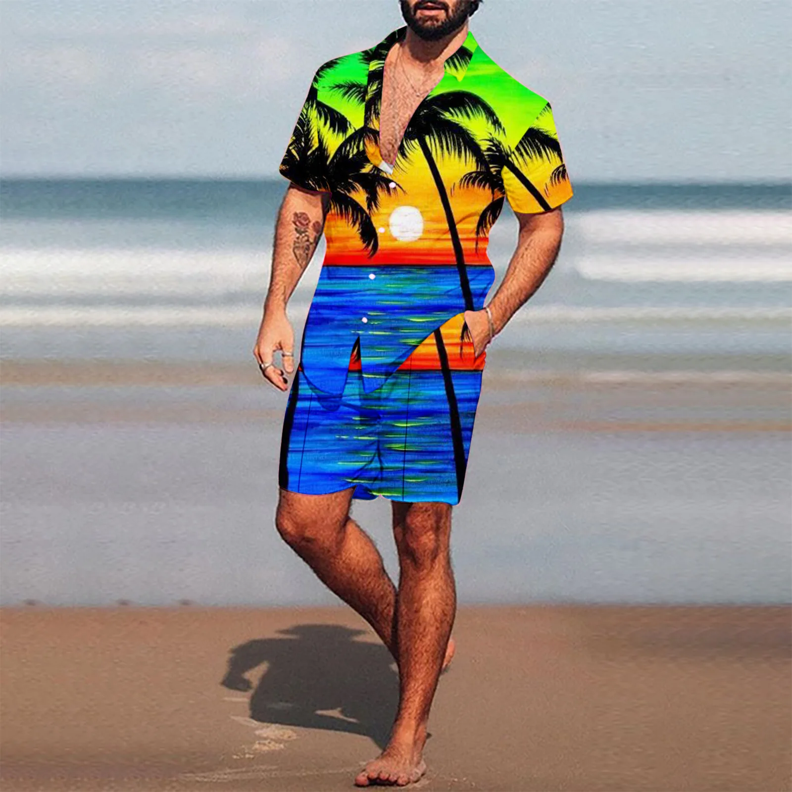 Summer Men's Hawaiian Shirt+Shorts 2Pcs Outfits 3D Coconut Tree Sunset Print Holiday Beach Shirt Outfits Casual Men Blouse Suits