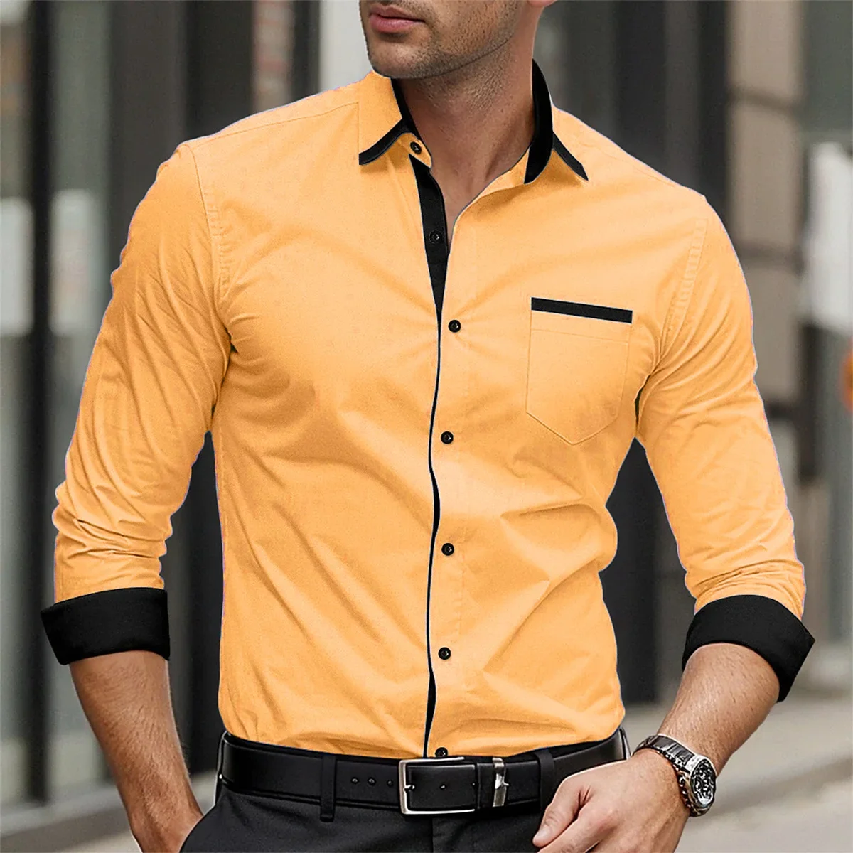 Men's dark contrast solid color trim design shirt men's lapel long sleeve business formally wear casual outdoor vacation outdoor