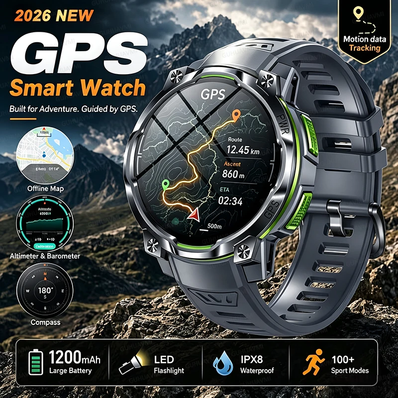 New Offline Map Smart Watch 1200mAh Battery Outdoors GPS Compass Altimeter Tactics Flashlight AI-GPT IPX8 Waterproof Call Watch