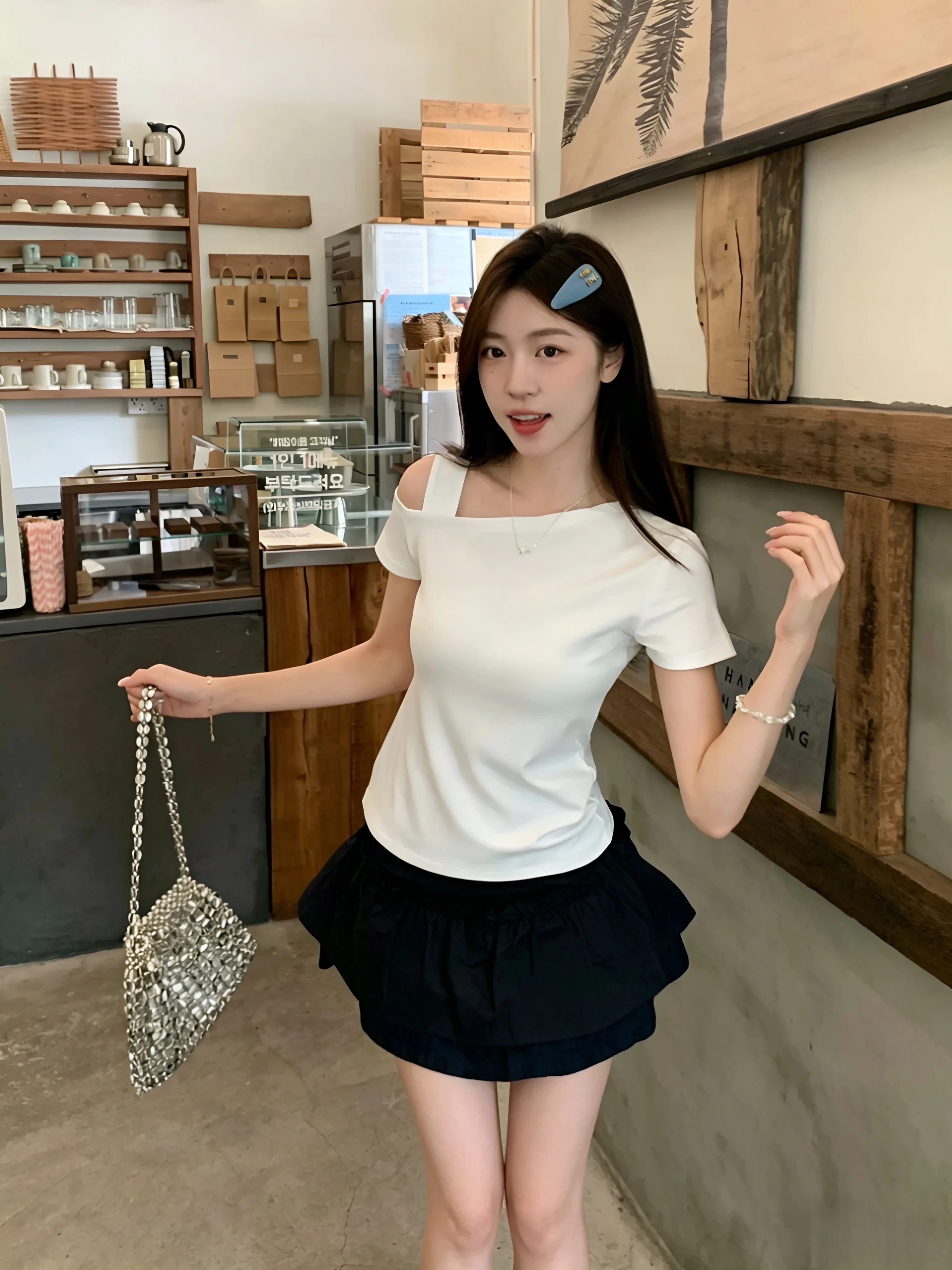 95 Cotton Asymmetrical Shoulder Black Short Sleeve Women's T-shirt Slim Fit Summer Fashionable Versatile Casual Top