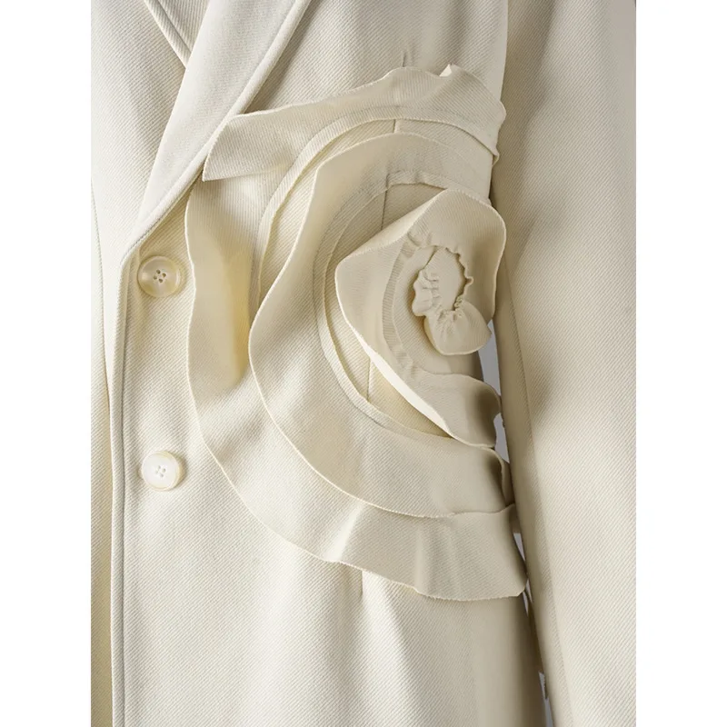 [Vibe] Beige Flower Elegant Long Warm Woolen Coat New Lapel Long Sleeve Women Jacket Fashion Tide Autumn Winter 2025