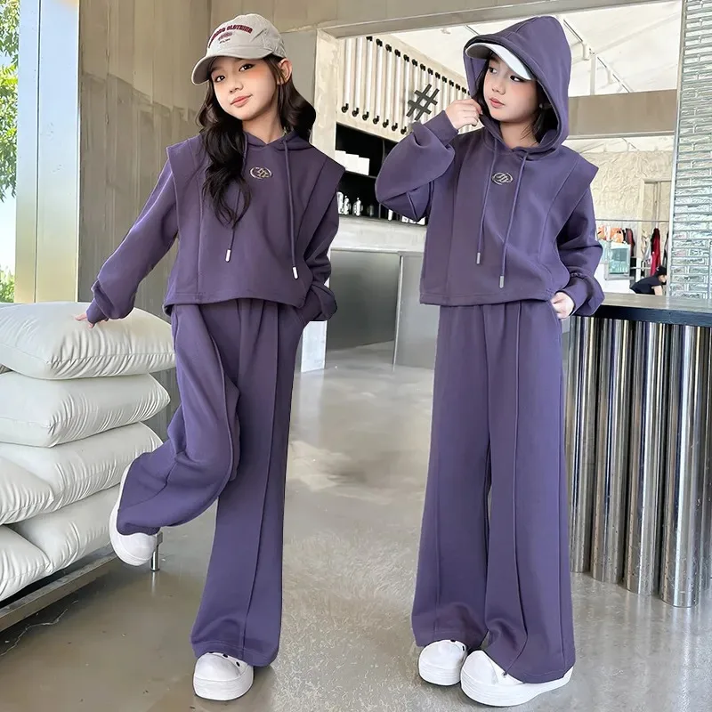 UNITIM Autumn Kids Girls 2PCS Clothes Set 4-14Yrs Girl Casual Long Sleeve Hoodies Sutis Purple Junior Girls Sweatpants Tracksuit