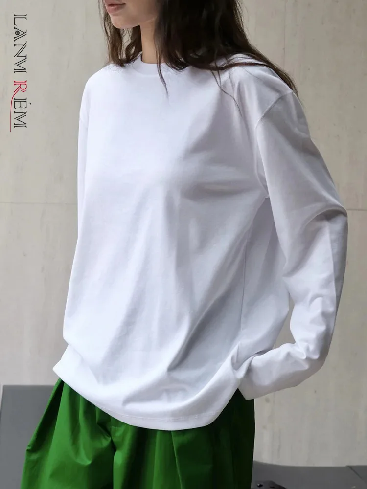 

[LANMREM] Minimalism Round Neck Long Sleeve T-shirt For Women Casual Loose Top Fashion Female Clothing 2024 Autumn New 26D9791