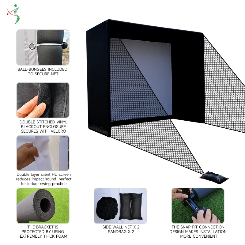 Golf Simulator Enclosure Nets 10x9ft with Aluminum Frame Dual-Layer HD Impact Screen and Side Net for Home Garage Studio
