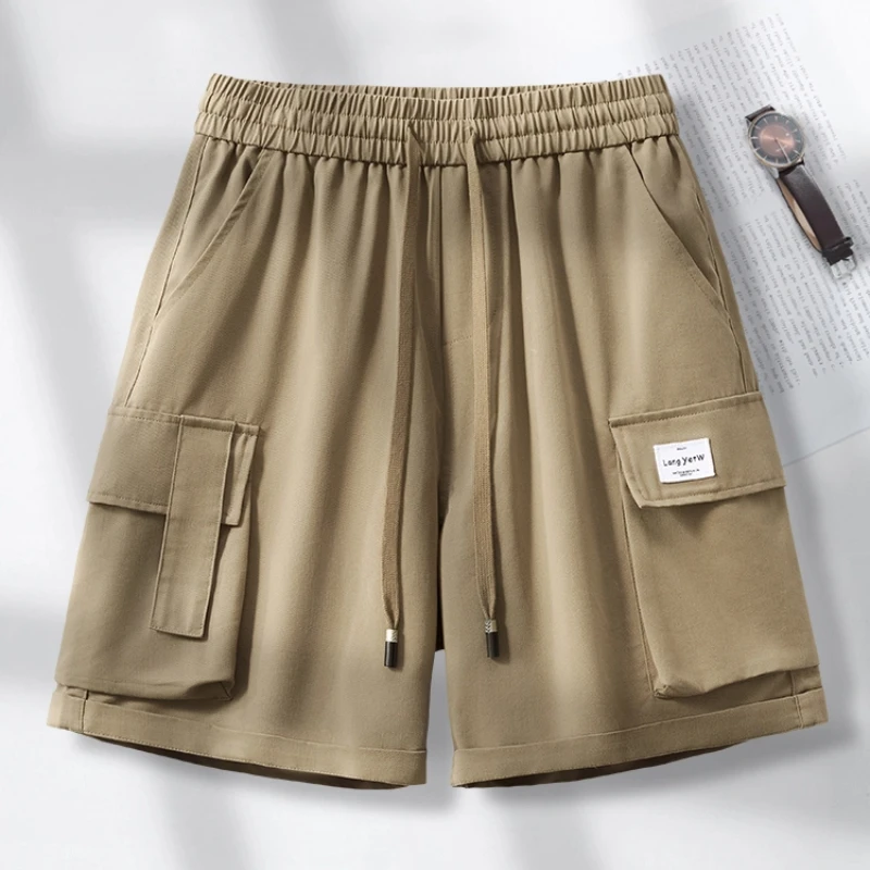 

Новые летние тканые шорты-карго в американском стиле High Street, мужские свободные эластичные шорты-карго с завязками на талии, спортивные повседневные брюки с 5 точками