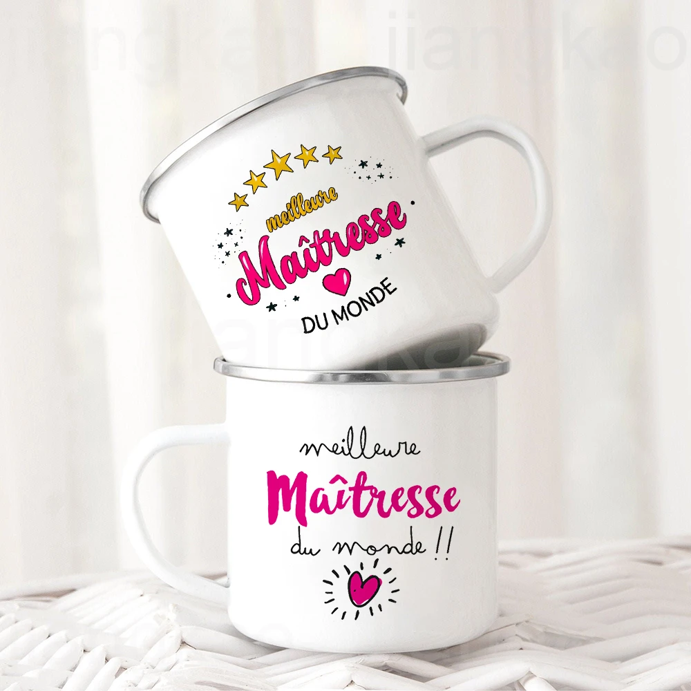 Best Teacher in The World French Print Mug Coffee Cup Drinks Camping Enamel Mugs Teacher's Day Graduate Thanks Gift for Teachers
