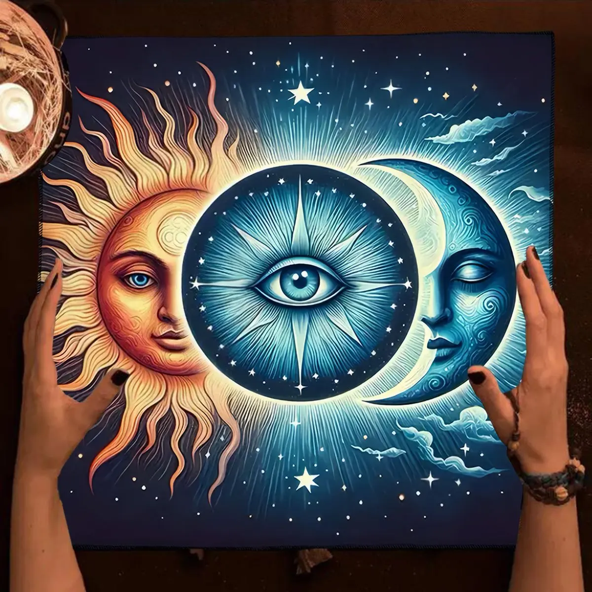 Blue Sun‑Moon Design Card Tablecloth, Ideal for Divination and Altar Cloth, Perfect for Pagans, Witches and Wiccans