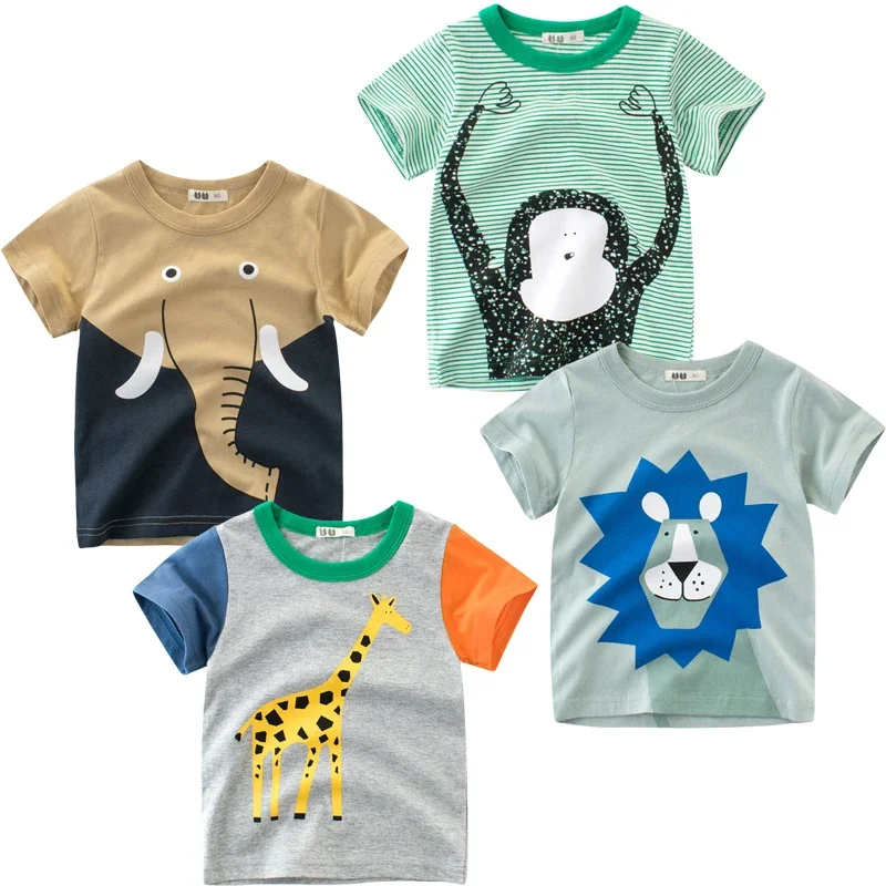 Dropshipping 4PCS/SET 2025 Summer New Boys' Cartoon Monkey Elephant T-shirt Short Sleeve T Shirt Dinosaur Children Tops Tees