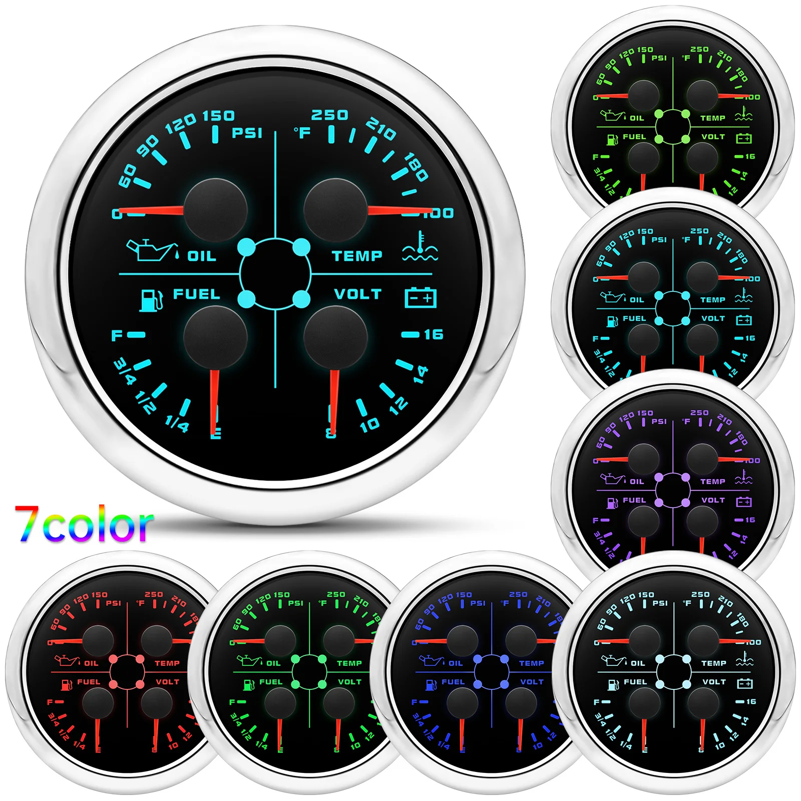 

7 Color 4 In 1 Car Gauge 0-150PSI Oil Pressure + 100-250℉ Water Temp + 8-16 Voltmeter + 0-190ohms / 240-33ohms Fuel Level Gauge
