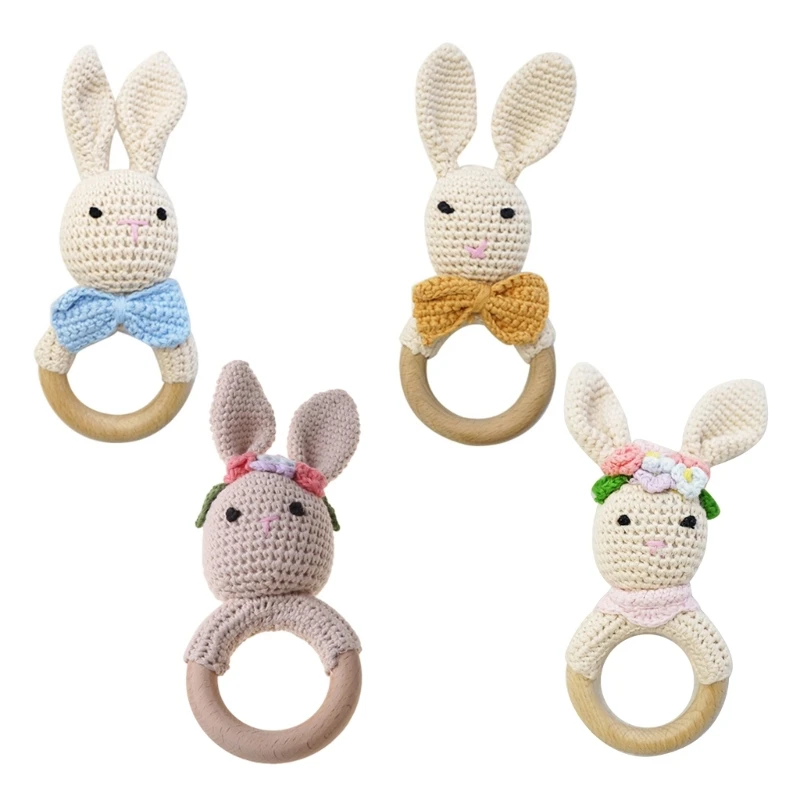 

Cotton Thread Crochet Rabbit Animal Rattle Hand Bell Handmade BPA Free Cartoon Knitted Bunny Baby Teether Wooden Ring