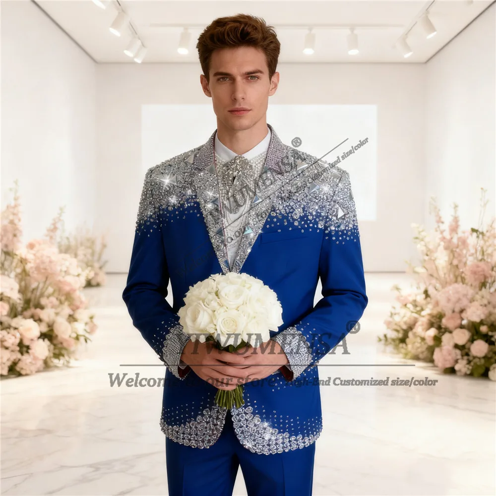 Sliver Beaded Stones Suit Attire Men For Wedding Single Breasted Prom Blazers Customized 2 Piece Set Man Banquet Outfits Luxury