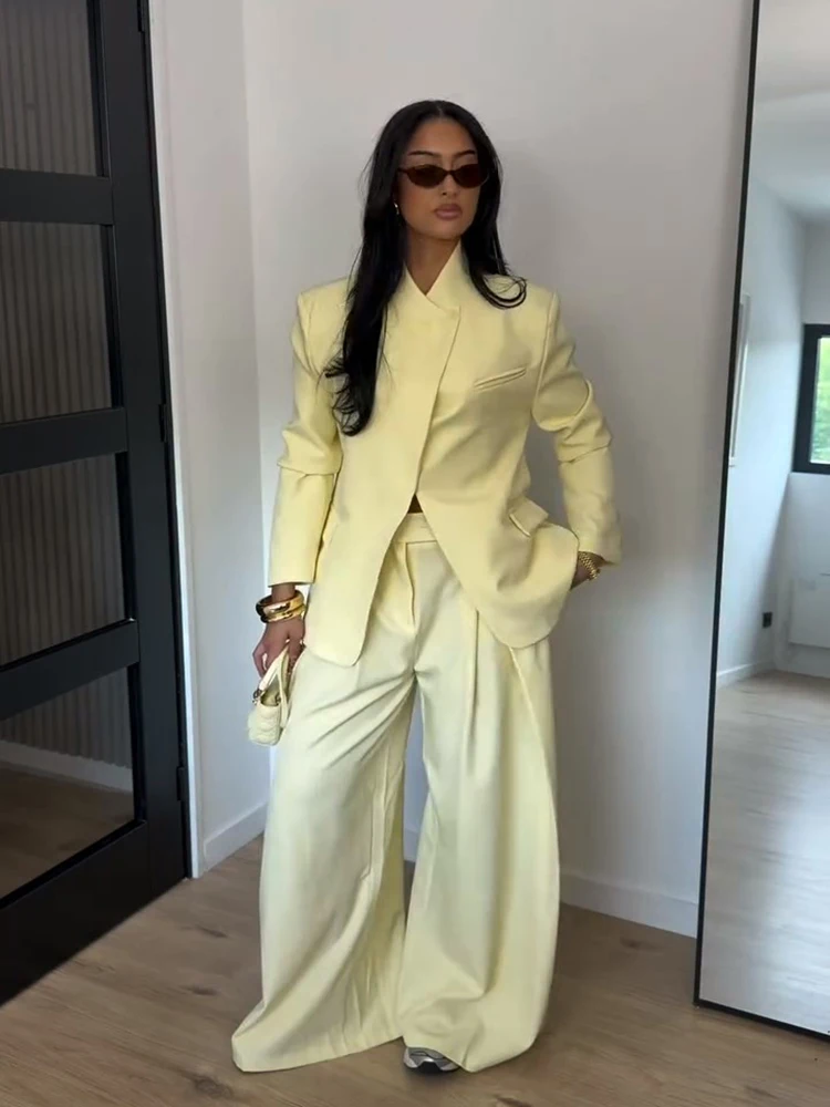 Solid Women Office Pant Set Stand Collar One Button Long Sleeve Pockets Coat And Wide Leg Pant Autumn Commute 2026 New