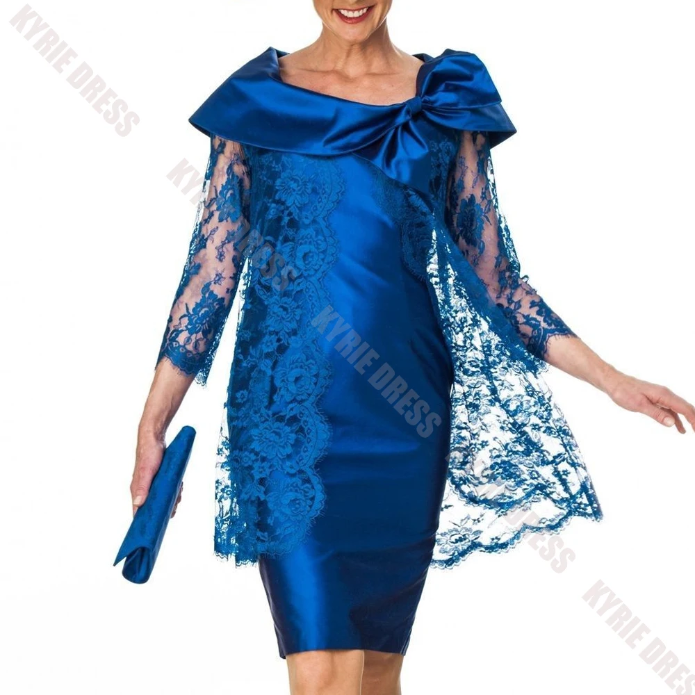 Fashion Mother of The Bride Dress Customized Lace Cape 3/4 Sleeves Column Knee Length for Wedding Guest Dress Party Evening Gown