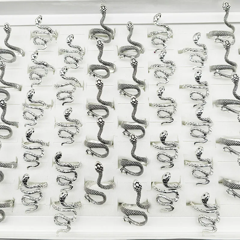 50pcs/Lot Wholesale Mix Style Vintage Silver Color Snake Finger Rings for Women Men Hot Open Adjust Big Animal Jewelry Party Bar