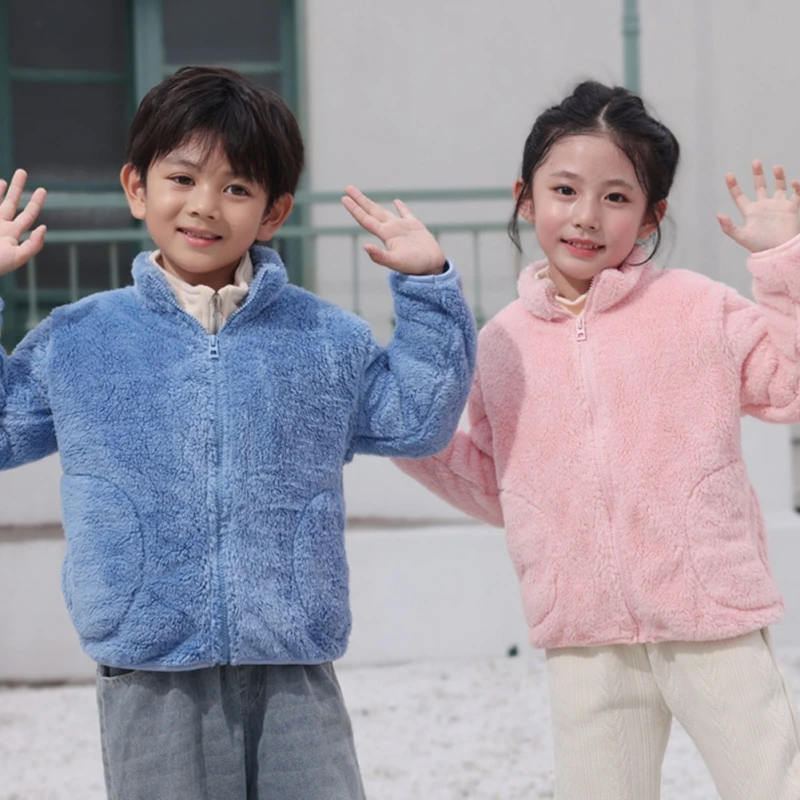 어린이 양털 패딩 코트, 가을 겨울 아기 단색, 긴팔 따뜻한 산호 벨벳 재킷, 3-8 세 아동 의류