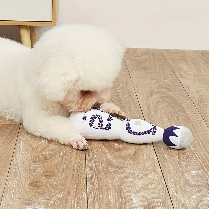 1Pc Interactive Squeaky Plush Dog Toy - Pet Chew Toys with Durable Plush Material in Unique Blue & White Porcelain Vase Design