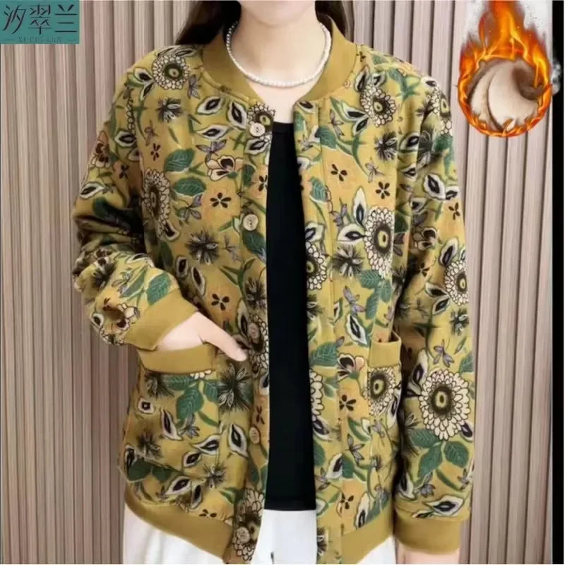 2024 Winter Vintage Art Fragmented Flower Plush Coat dla kobiet Luźny i smukły jednorzędowy zagęszczony nadruk do ciepłej odzieży wierzchniej