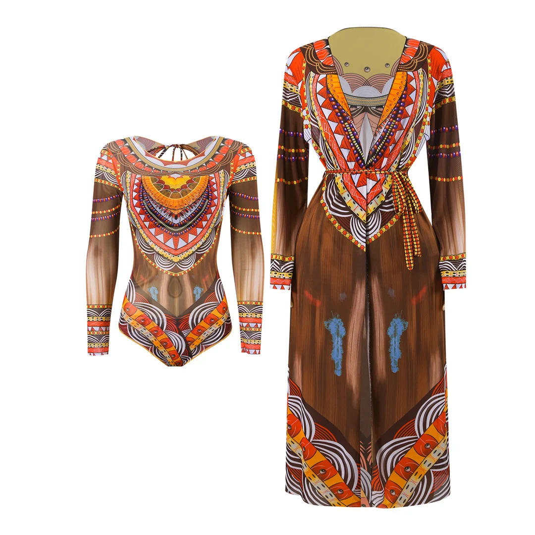 S - XXL 2026 Neues bedrucktes Langarm-Badekleid mit Überwurf, einteiliger Badeanzug für Damen, Badebekleidung, Badeanzug, Schwimmanzug V7346 – Detail 2