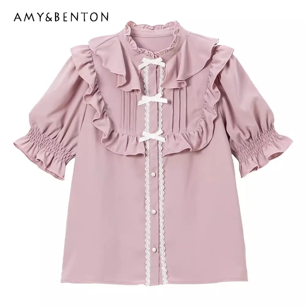 

Japanese Mine Mass-Produced Lolita Short-Sleeved Shirts Sweet Puff Sleeve Ruffled Collar Bow All-Match Solid Color Chiffon Shirt