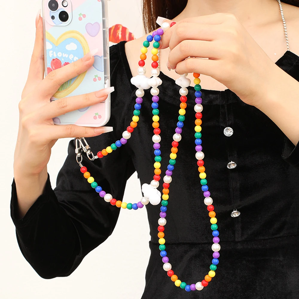 Long Mobile Phone Lanyard Pearl Crossbody Necklace Chain Strap Hand-beaded Universal Buckle Clip for iphone Samsung Phone Case