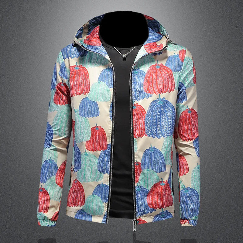 

Men's Large Size Hooded Jaet Pumpkin Print Slim Fit Spring 2024 Trendy Outerwear Polyester Fabric Zipper Closure Long Sve