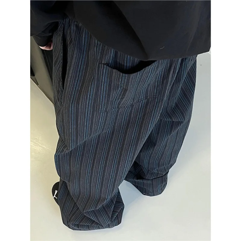 Autumn American Retro Black Blue Vertical Striped Curved-cut Casual Loose Wide-leg Pants That Can Be Fitted or Floor-length Men