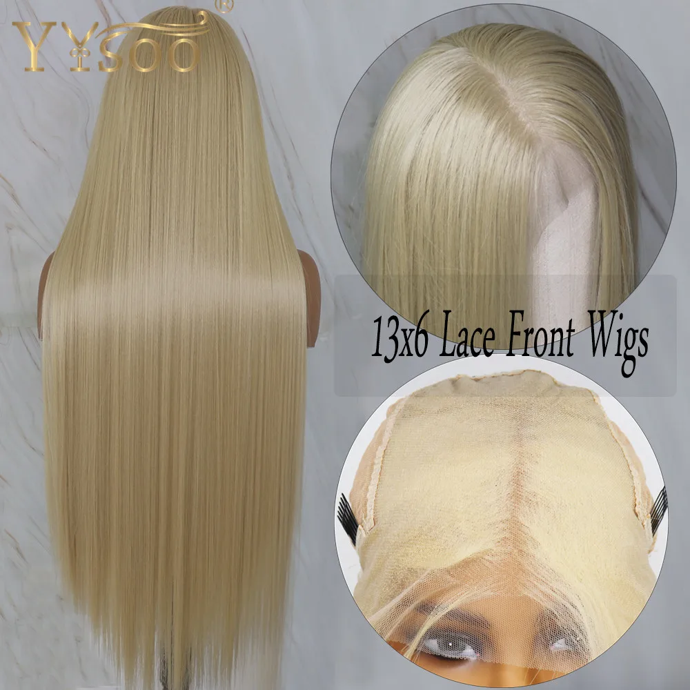 YYsoo 30inch Long 13X 6 syntetyczna koronka przodu peruki dla kobiet 613 kolor japonia Futura Fiber Silky prosto peruki blond z Babyhair