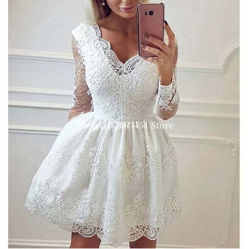 

New Short Homecoming Party Dresses Ruffles Lace Little White Dress Sheer Long Sleeves V neck Prom Cocktail Gowns