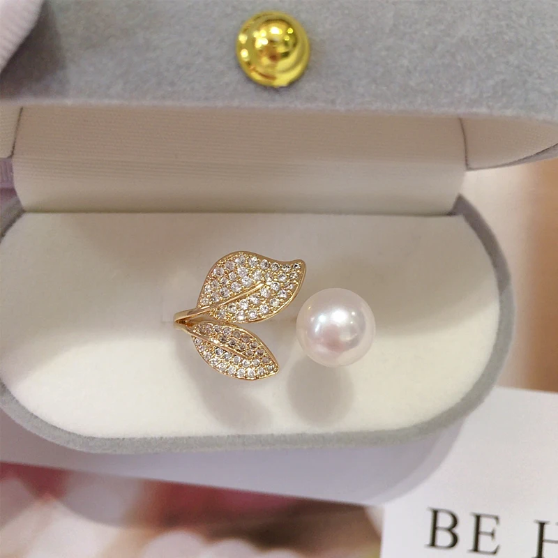 ZHBORUINI Leaf Pearl Ring 100% Real Natural Freshwater Pearl 18K Gold Plating Micro Inlaid Zircon Women Jewelry Ring Wholesale