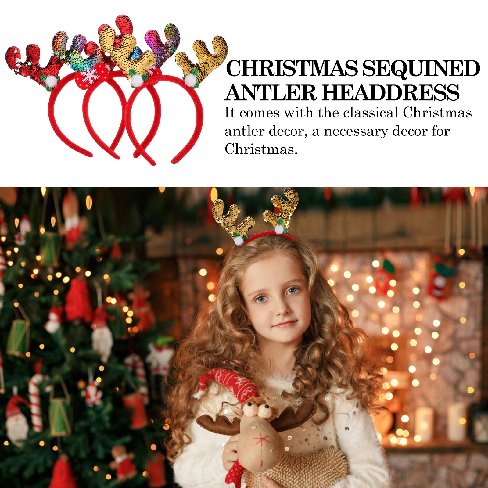 

3 Pcs Girl Antler Headband Headwear Girls Hair Accessories Christmas Sequined Cloth