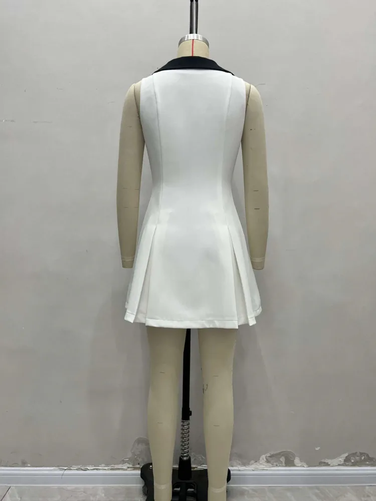 Blifanbo Mini abito elegante con fibbia in metallo per donna senza maniche a vita alta Slim patchwork pieghettato con cerniera A-line Club Party Dress