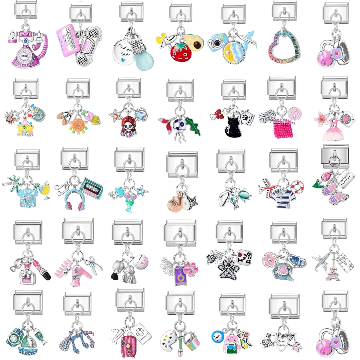 Airplane Suitcase Camera Pendant Travel Beauty Music Italian Charm Link Fit 9MM Stainless Steel Bracelet Jewelry DIY Making Gift
