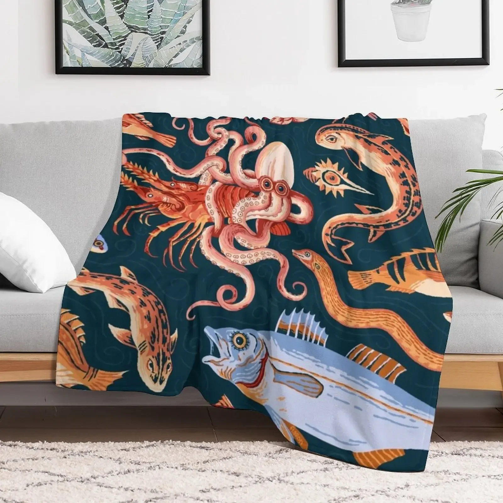 Pompeii Marine Mosaic Throw Blanket Machine Washable Soft Warm Blanket