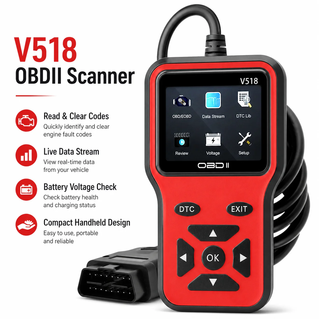 V518 OBDII Scanner Car Fault Code Reader Diagnostic Tool Engine Error Detector Check Engine Light Reset Auto Repair Code Eraser