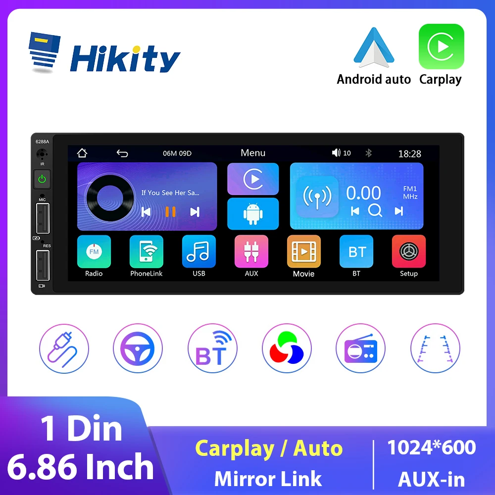 Hikity 1 din Car Radio MP5 1Din Multimedia Player Wireless Carplay Android Auto Bluetooth Rearview Camera Universal Car Stereo