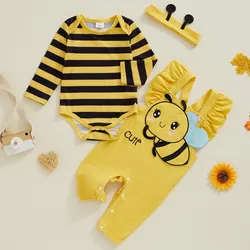 0 to 18 Months 3Pcs Baby Girl Pant Sets Spring Autumn Clothes Long Sleeve Bodysuit + Overalls + Headband Set Bee Costume