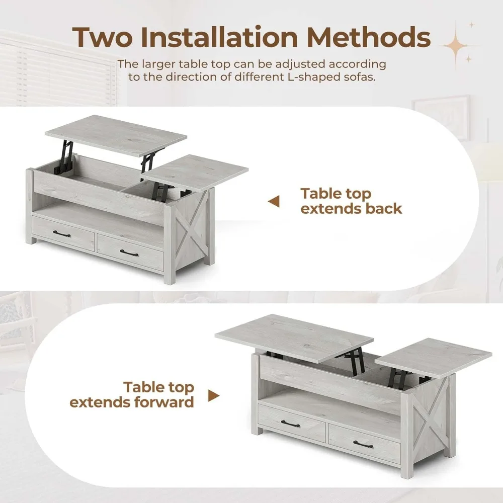 Table basse avec 2 portes de rangement et compartiment GNE, support en bois X, table centrale rétro avec ascenseur, table de café