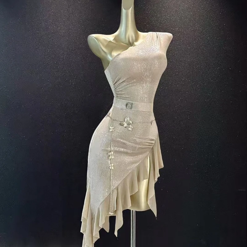 Vestido de baile latino Sexy para mujer, falda con cadena en la cintura y hombros descubiertos, disfraz de entrenamiento de baile de Salsa Samban Rumba