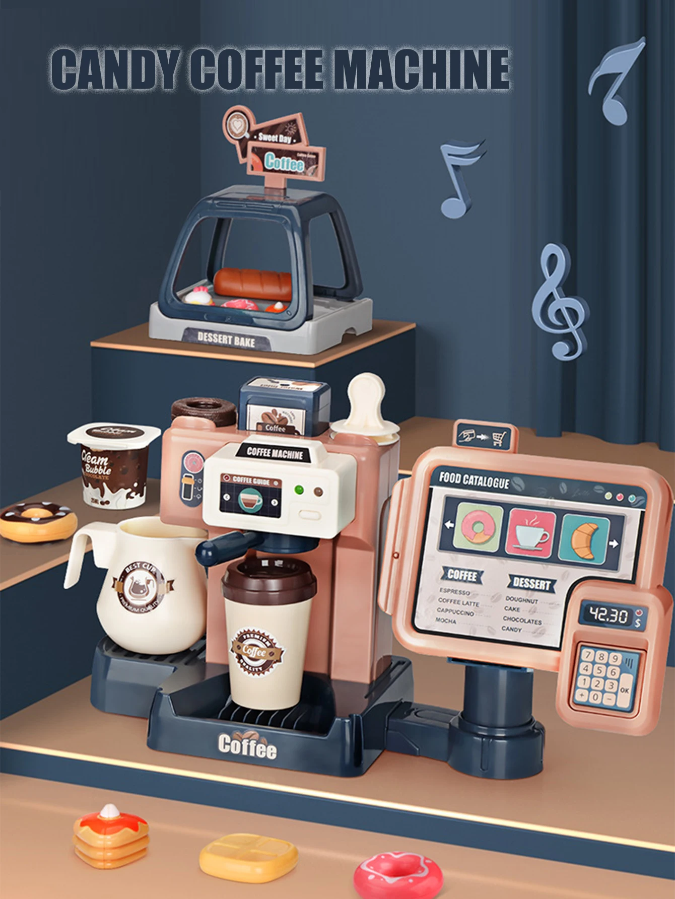 Pretend Play Coffee Supermarket Cash Register Toy, Cleaning Tool Playset, Mini BBQ Grill Shop Playset Role Play Gift for Girls 3